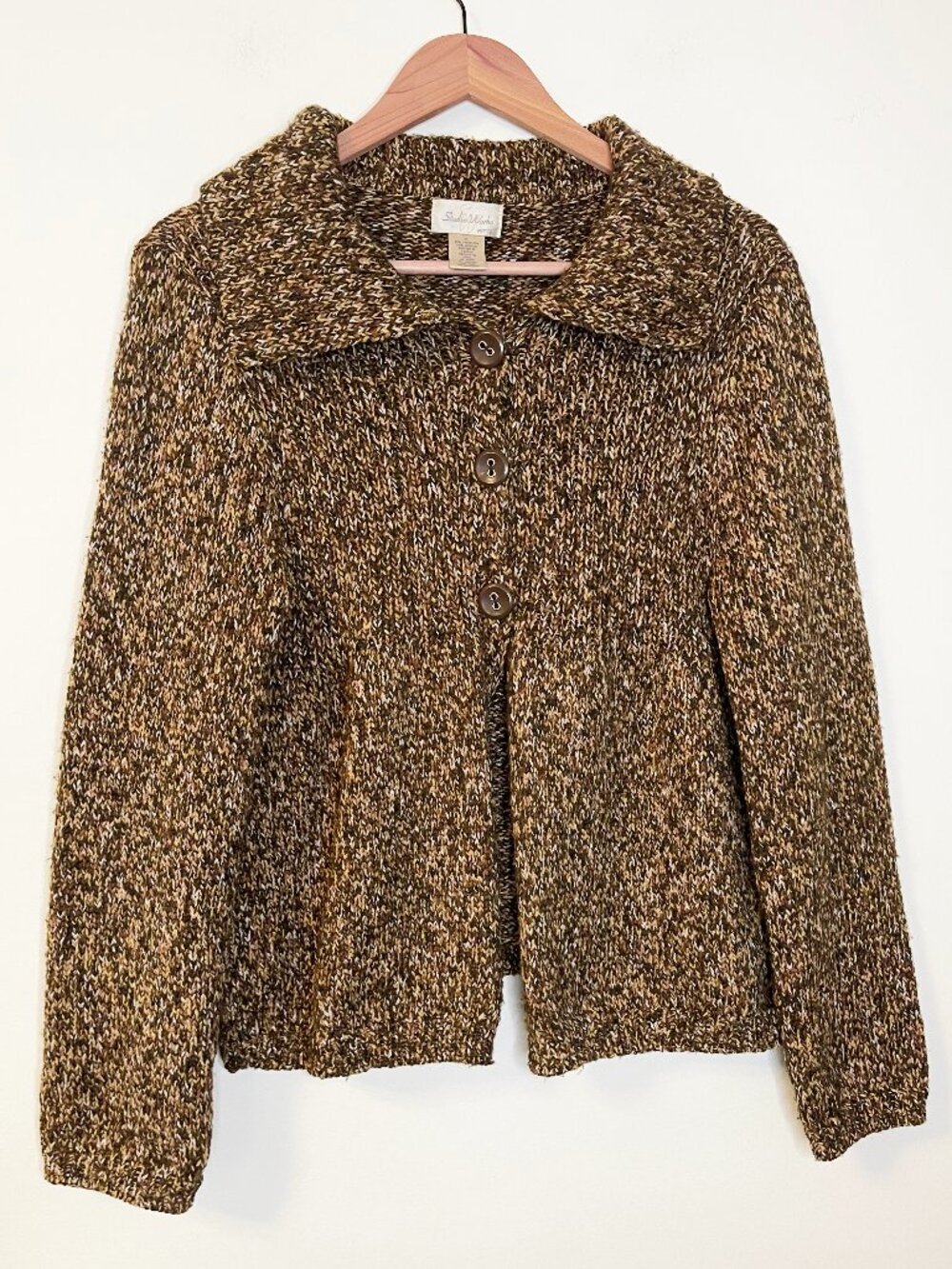 Studio Works Petite Brown Marled Knit Cardigan Sweater Collared PL Academia